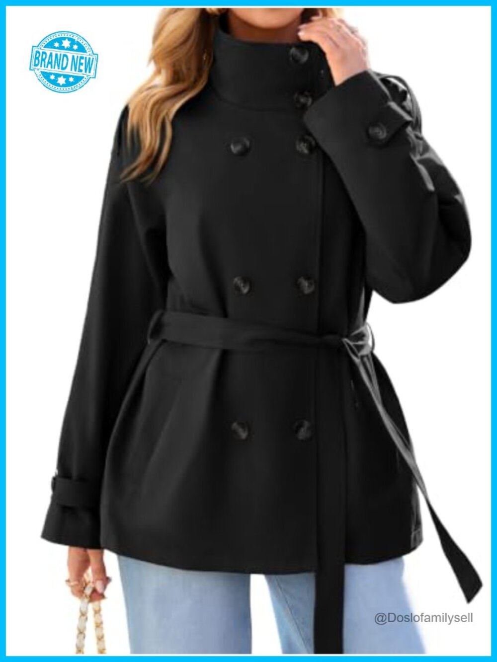 Short Trench Coat Double Breasted Stand Collar Water Repellent Fall Jacket